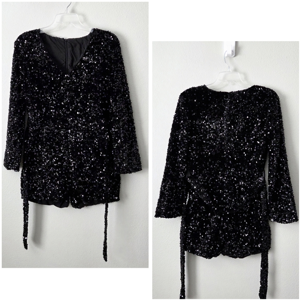 Black Sequin Long Sleeve Romper With V-Neckline & Removable Belt, Size Small - Picture 15 of 16